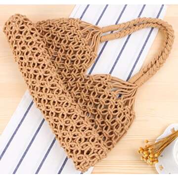 Beach Bag Tote Braided Handbag Women String Bag Summer Hobo Bag Travel Bag (Ivory)