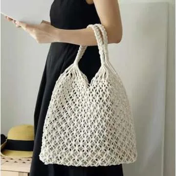 Beach Bag Tote Braided Handbag Women String Bag Summer Hobo Bag Travel Bag (Ivory)