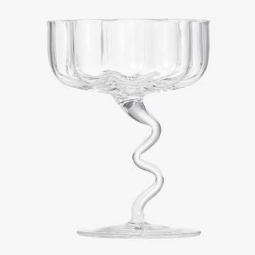 Khen Colorful Wiggly Spiral Cocktail Coupe Glass | Fun Swirly Squiggly Stem Dessert Bowl Glass | Cle...