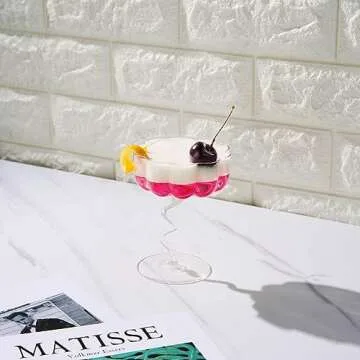 Khen Colorful Wiggly Spiral Cocktail Coupe Glass | Fun Swirly Squiggly Stem Dessert Bowl Glass | Clear Colored Pastel Flower Shaped Glasses Handblown Retro Goblet, Martini, Cocktails &Wine Glassware