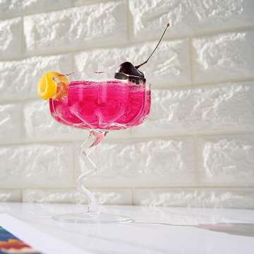Khen Colorful Wiggly Spiral Cocktail Coupe Glass | Fun Swirly Squiggly Stem Dessert Bowl Glass | Clear Colored Pastel Flower Shaped Glasses Handblown Retro Goblet, Martini, Cocktails &Wine Glassware