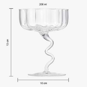 Khen Colorful Wiggly Spiral Cocktail Coupe Glass | Fun Swirly Squiggly Stem Dessert Bowl Glass | Clear Colored Pastel Flower Shaped Glasses Handblown Retro Goblet, Martini, Cocktails &Wine Glassware