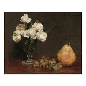 White Roses and Fruit Still Life Print for Rustic Decor