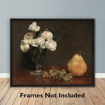 White Roses and Fruit Still Life Print for Rustic Decor