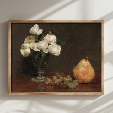 White Roses and Fruit Still Life Print for Rustic Decor