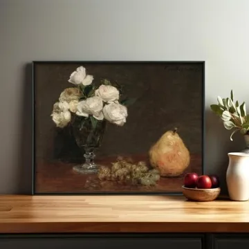 White Roses and Fruit Still Life Print for Rustic Decor