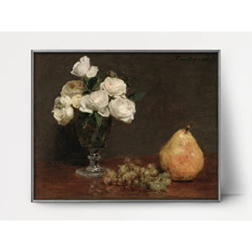 White Roses and Fruit Still Life Print for Rustic Decor