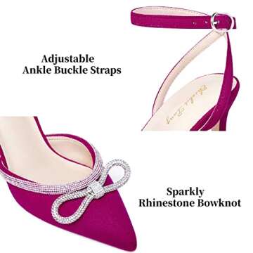 Elisabet Tang Women's High Heel Pumps,Rhinestone Strip Bowknot Ankle Buckle Straps Heels Stiletto Sandals Suede Pointed Closed Toe Strappy Heels Pumps Wedding Dress Shoes Hot Pink Size 9