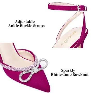Elisabet Tang Women's High Heel Pumps,Rhinestone Strip Bowknot Ankle Buckle Straps Heels Stiletto Sandals Suede Pointed Closed Toe Strappy Heels Pumps Wedding Dress Shoes Hot Pink Size 9