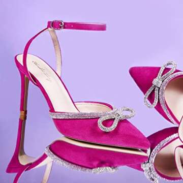 Elisabet Tang Women's High Heel Pumps,Rhinestone Strip Bowknot Ankle Buckle Straps Heels Stiletto Sandals Suede Pointed Closed Toe Strappy Heels Pumps Wedding Dress Shoes Hot Pink Size 9