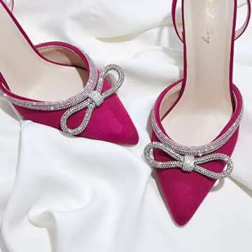 Elisabet Tang Women's High Heel Pumps,Rhinestone Strip Bowknot Ankle Buckle Straps Heels Stiletto Sandals Suede Pointed Closed Toe Strappy Heels Pumps Wedding Dress Shoes Hot Pink Size 9