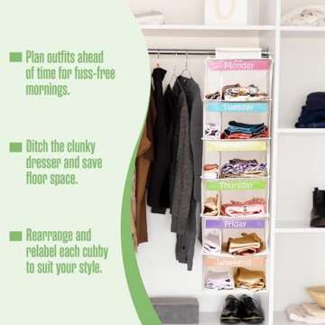 Kids Closet Organizers and Storage, Weekly Clothes Organizer for Kids, Days Of The Week Clothes Hangers, Monday Through Friday Outfit Planner, Hanging Closet Organization, Daily Outfit System, 6 Shelf