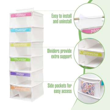 Kids Closet Organizers and Storage, Weekly Clothes Organizer for Kids, Days Of The Week Clothes Hangers, Monday Through Friday Outfit Planner, Hanging Closet Organization, Daily Outfit System, 6 Shelf