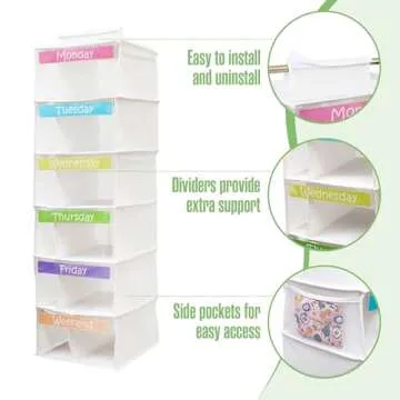 Kids Closet Organizers and Storage, Weekly Clothes Organizer for Kids, Days Of The Week Clothes Hangers, Monday Through Friday Outfit Planner, Hanging Closet Organization, Daily Outfit System, 6 Shelf