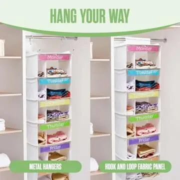 Kids Closet Organizers and Storage, Weekly Clothes Organizer for Kids, Days Of The Week Clothes Hangers, Monday Through Friday Outfit Planner, Hanging Closet Organization, Daily Outfit System, 6 Shelf