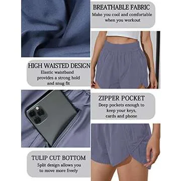 BMJL Women's Running Shorts Elastic High Waisted Shorts Pocket Sporty Workout Shorts Quick Dry Athletic Shorts Pants(M,Bluegrey)