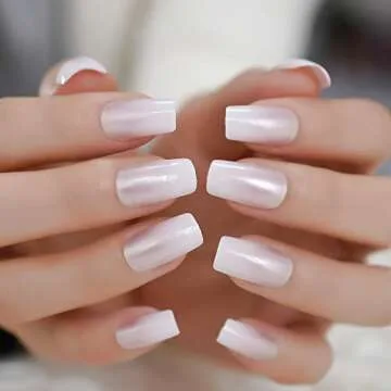 EchiQ Shimmer White Square French Fake Nails for Women