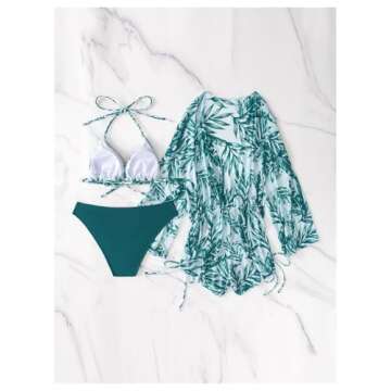 COZYEASE Women's 3 Piece Swimsuits Hawaiian Tropical Print Bikini Set Halter Drawstring Side Bathing Suits with Cover Up