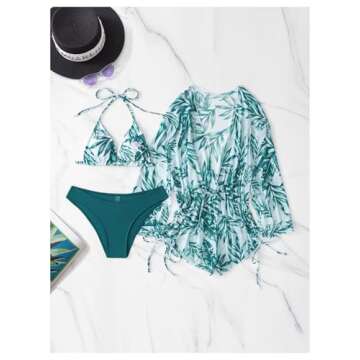 COZYEASE Women's 3 Piece Swimsuits Hawaiian Tropical Print Bikini Set Halter Drawstring Side Bathing Suits with Cover Up