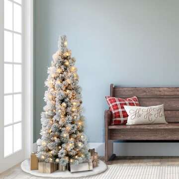 Puleo International 4.5 Foot Pre-Lit Flocked Portland Pine Pencil Artificial Christmas Tree with 100 UL Listed Clear Lights