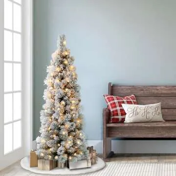 Puleo International 4.5 Foot Pre-Lit Flocked Portland Pine Pencil Artificial Christmas Tree with 100 UL Listed Clear Lights