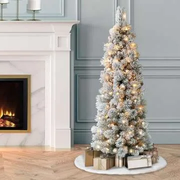 Puleo International 4.5 Foot Pre-Lit Flocked Portland Pine Pencil Artificial Christmas Tree with 100 UL Listed Clear Lights