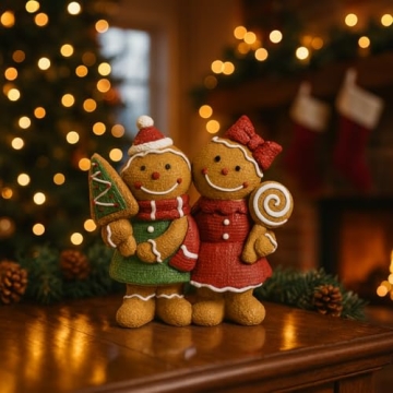 iStatue Christmas Gingerbread Couple Resin Figurine – Hand-Painted Holiday Décor, Tabletop Accent