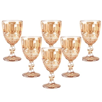 Vintage Wine Glasses Set of 6, 10 Ounces Colored Glass Water Goblets, Unique Embossed Pattern High C...