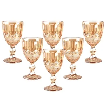 Vintage Wine Glasses Set of 6, 10 Ounces Colored Glass Water Goblets, Unique Embossed Pattern High C...