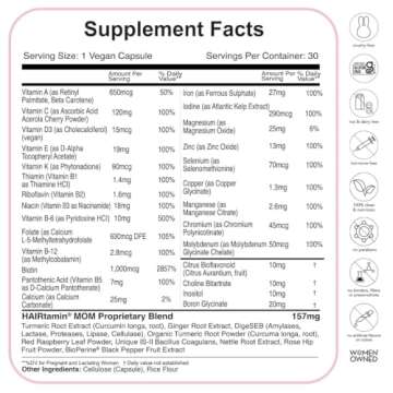 HAIRtamin MOM Vegan Prenatal & Postnatal Multivitamin Supplement & Hair Vitamin Pregnancy, Postpartum, Breastfeeding Probiotic One-a-Day Hair Vitamins with Biotin, Zinc, Iron (30 Counts)