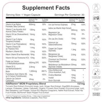 HAIRtamin MOM Vegan Prenatal & Postnatal Multivitamin Supplement & Hair Vitamin Pregnancy, Postpartum, Breastfeeding Probiotic One-a-Day Hair Vitamins with Biotin, Zinc, Iron (30 Counts)