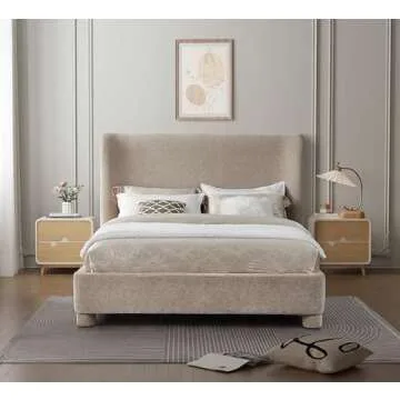 Meridian Furniture B1207Beige-K Penny Collection Modern | Contemporary King Bed with Rich Beige Chenille Fabric, Curved Headboard, 87" W x 88" D x 52" H, Beige, King