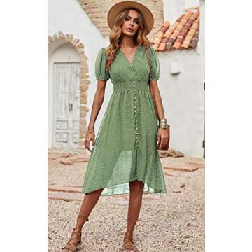 PRETTYGARDEN Women's Green Dress Midi High Low Hem Vintage Wrap V-Neck Dress Puff Short Sleeve Boho Long Dresses Summer Beach Elastic Waist Long Dress (Light Green, Large)