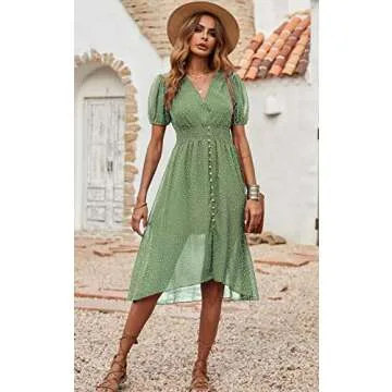 PRETTYGARDEN Women's Green Dress Midi High Low Hem Vintage Wrap V-Neck Dress Puff Short Sleeve Boho Long Dresses Summer Beach Elastic Waist Long Dress (Light Green, Large)