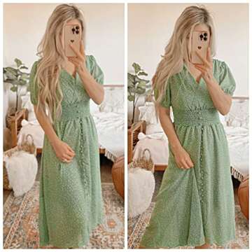 PRETTYGARDEN Women's Green Dress Midi High Low Hem Vintage Wrap V-Neck Dress Puff Short Sleeve Boho Long Dresses Summer Beach Elastic Waist Long Dress (Light Green, Large)