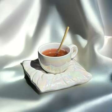 Pillow Talk Coffee or Tea Cup & Saucer Set, Quality Ceramic, White Pearl Iridescent Mug, Gold Spoon Included
