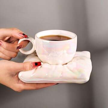 Pillow Talk Coffee or Tea Cup & Saucer Set, Quality Ceramic, White Pearl Iridescent Mug, Gold Spoon Included
