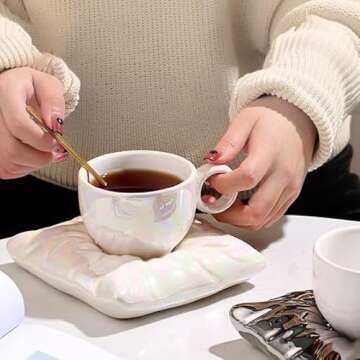 Pillow Talk Coffee or Tea Cup & Saucer Set, Quality Ceramic, White Pearl Iridescent Mug, Gold Spoon Included