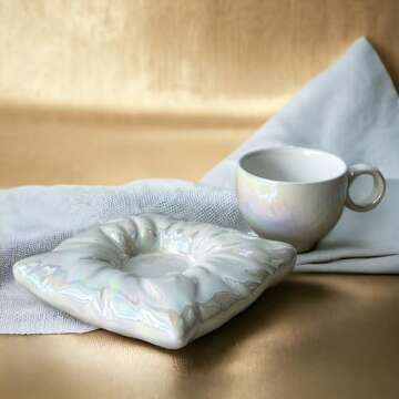Pillow Talk Coffee or Tea Cup & Saucer Set, Quality Ceramic, White Pearl Iridescent Mug, Gold Spoon Included