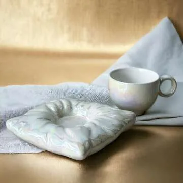 Pillow Talk Coffee or Tea Cup & Saucer Set, Quality Ceramic, White Pearl Iridescent Mug, Gold Spoon Included