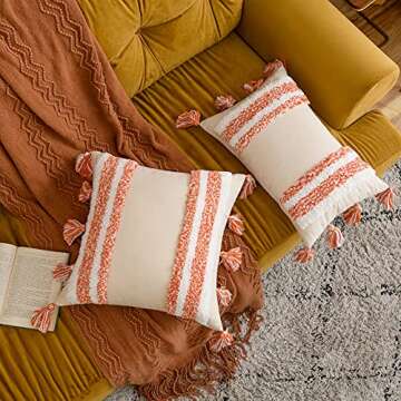 MIULEE Fall Boho Decorative Throw Pillow Cover Halloween Tufted Woven Tribal Pillowcase with Tassels Farmhouse Square Pillow Case Modern Outdoor for Cushion Couch Bedroom Living Room 18x18 Inch Orange