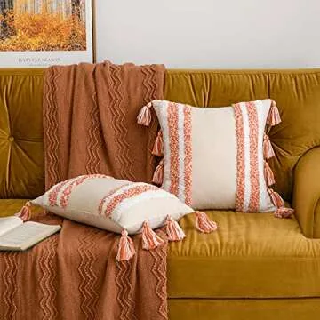 MIULEE Fall Boho Decorative Throw Pillow Cover Halloween Tufted Woven Tribal Pillowcase with Tassels Farmhouse Square Pillow Case Modern Outdoor for Cushion Couch Bedroom Living Room 18x18 Inch Orange