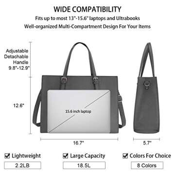 Laptop Bag for Women Waterproof Lightweight Leather 15.6 Inch Computer Tote Bag Business Office Briefcase Large Capacity Handbag Shoulder Bag Professional Office Work Bag 15.6 Inch Grey
