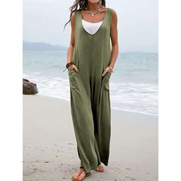 Women Summer Wide Leg Jumpsuit Sleeveless V-Neck Casual Loose Jumpsuit Comfy Baggy Tank Romper with ...