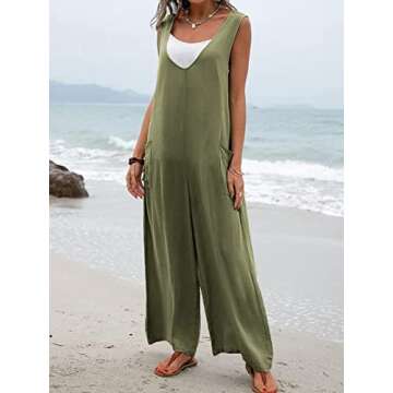 Women Summer Wide Leg Jumpsuit Sleeveless V-Neck Casual Loose Jumpsuit Comfy Baggy Tank Romper with Pockets