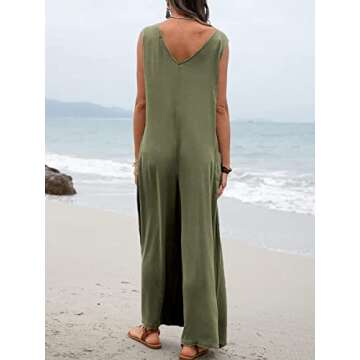 Women Summer Wide Leg Jumpsuit Sleeveless V-Neck Casual Loose Jumpsuit Comfy Baggy Tank Romper with Pockets