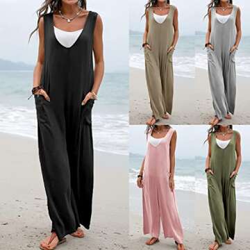 Women Summer Wide Leg Jumpsuit Sleeveless V-Neck Casual Loose Jumpsuit Comfy Baggy Tank Romper with Pockets