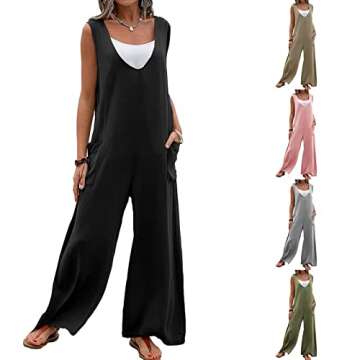 Women Summer Wide Leg Jumpsuit Sleeveless V-Neck Casual Loose Jumpsuit Comfy Baggy Tank Romper with Pockets