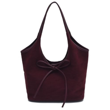 TYATVS Bow Suede Tote Bag for Women Brown Suede Bucket Tote Bag Burgundy Suede Work Tote Bag with Bo...