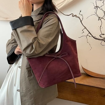 TYATVS Bow Suede Tote Bag for Women Brown Suede Bucket Tote Bag Burgundy Suede Work Tote Bag with Bow (Burgundy)